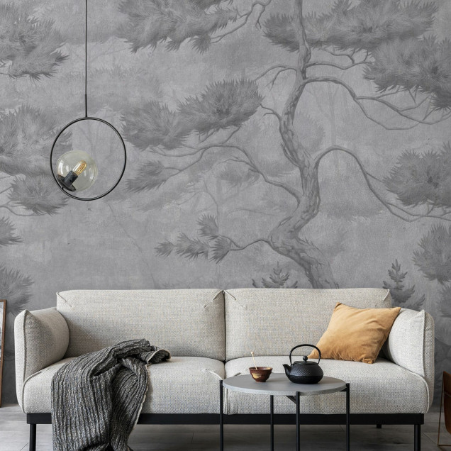 Fototapet cu copaci înalți în nuanțe de gri, decor interior elegant
