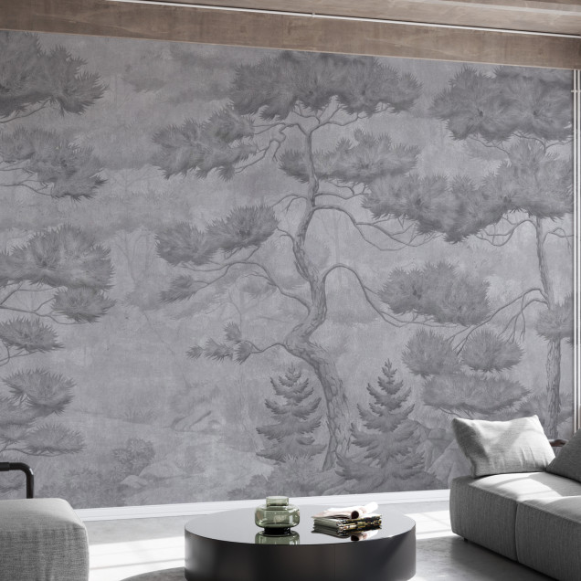 Fototapet cu copaci înalți în nuanțe de gri, decor interior elegant