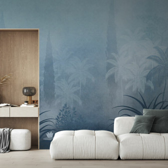 Fototapet cu peisaj tropical albastru în living
