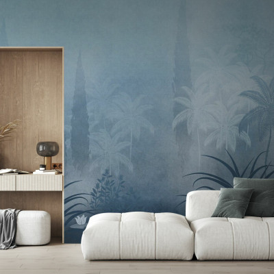 Fototapet cu peisaj tropical albastru în living
