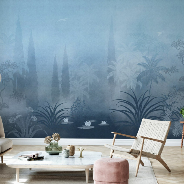 Fototapet cu peisaj tropical albastru în living
