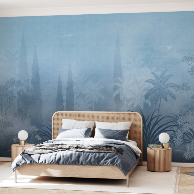 Fototapet cu peisaj tropical albastru în living