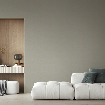 Fototapet bej cu model de arbori și frunze tropicale într-un decor modern.