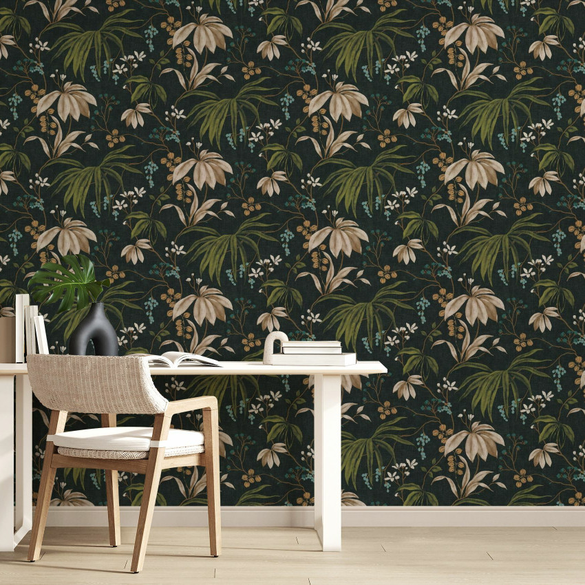 Fototapet floral cu design elegant pe fundal albastru