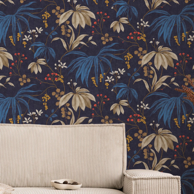 Fototapet floral cu design elegant pe fundal albastru