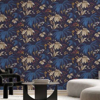 Fototapet floral cu design elegant pe fundal albastru