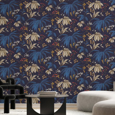 Fototapet floral cu design elegant pe fundal albastru
