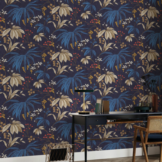 Fototapet floral cu design elegant pe fundal albastru