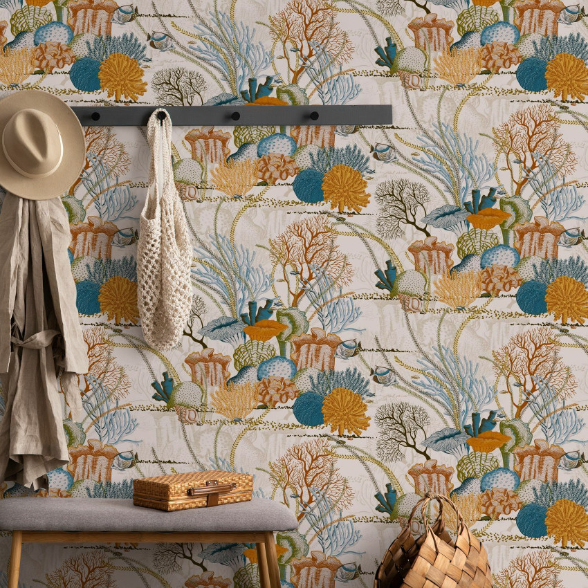 Fototapet cu motiv tropical, beige, cu corali și pești