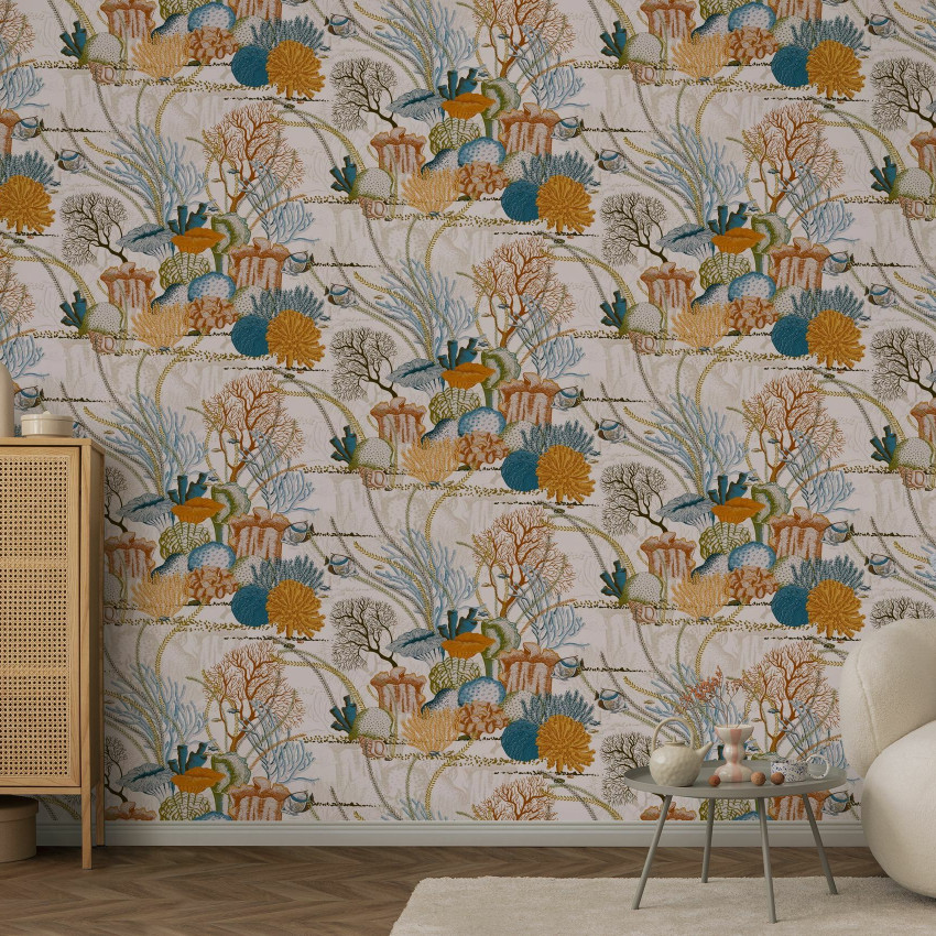 Fototapet cu motiv tropical, beige, cu corali și pești