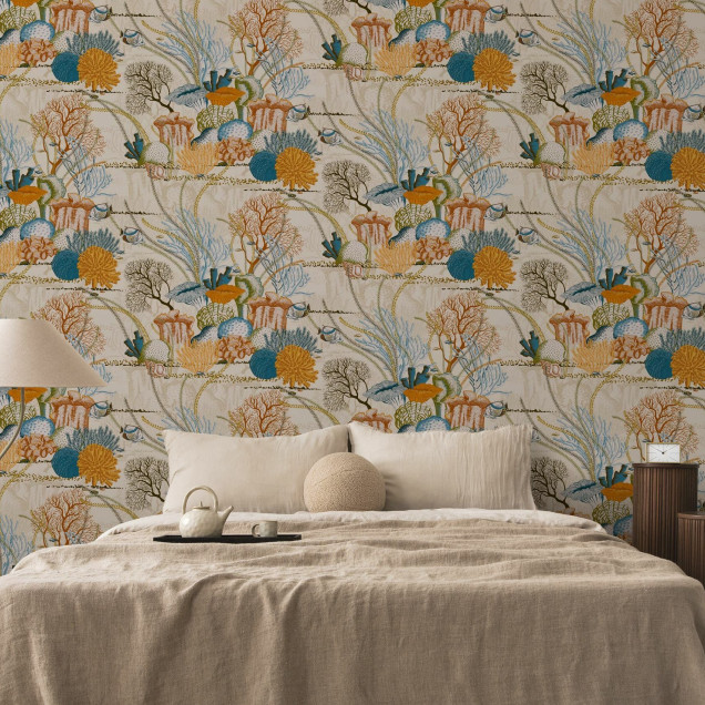 Fototapet cu motiv tropical, beige, cu corali și pești