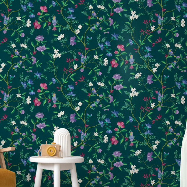 Fototapet floral verde închis cu detalii delicate