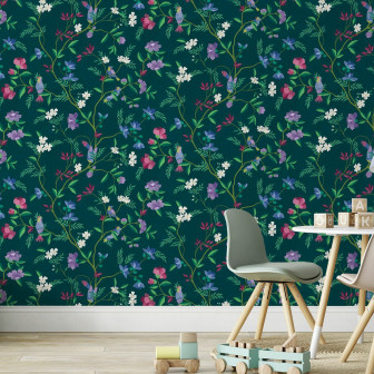 Fototapet floral verde închis cu detalii delicate