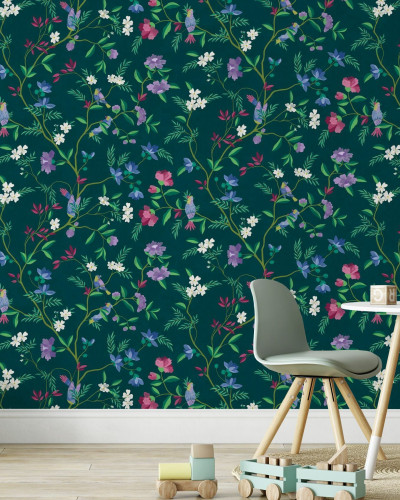 Fototapet floral verde închis cu detalii delicate