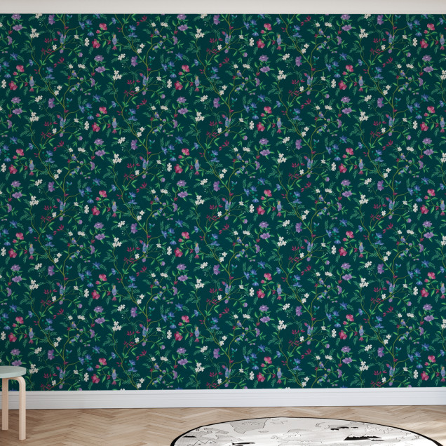 Fototapet floral verde închis cu detalii delicate