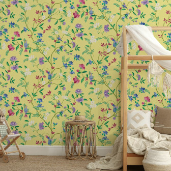 Fototapet floral galben cu flori multicolore