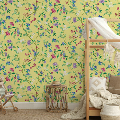Fototapet floral galben cu flori multicolore