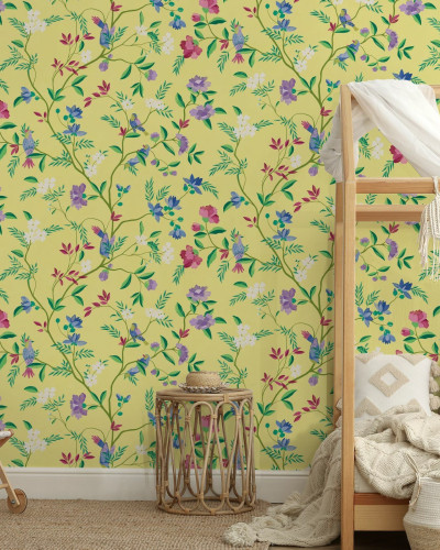 Fototapet floral galben cu flori multicolore
