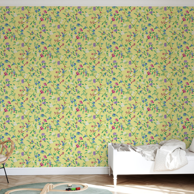 Fototapet floral galben cu flori multicolore