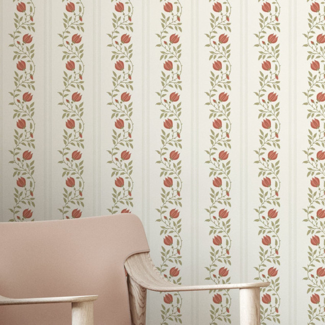 Fototapet cu dungi și model floral roșu și verde