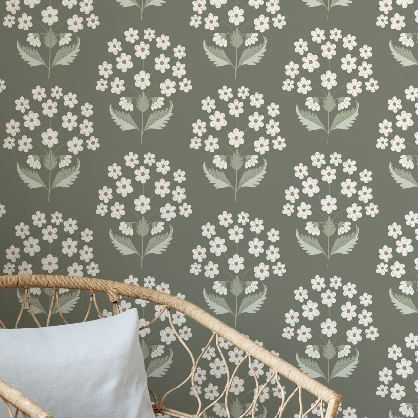 Fototapet floral cu buchete de flori albe pe fundal verde