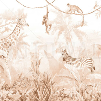 Jungle Friends Photowall Fototapet cu animale din junglă pe fundal caramel într-o cameră de copii