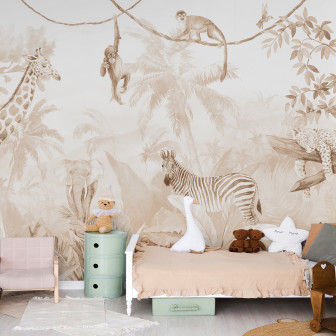 Jungle Friends Photowall Fototapet cu animale din junglă pe fundal caramel într-o cameră de copii