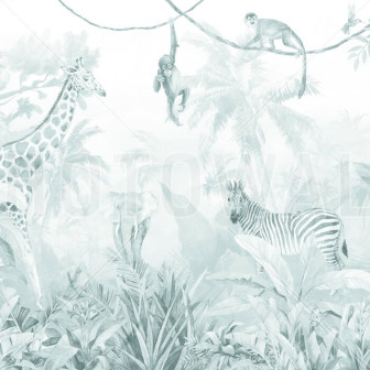 Tapet și Fototapet Jungle Friends cu Jungle Background - Turquoise Fototapet cu animale din junglă pe un fundal turcoaz