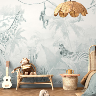 Tapet și Fototapet Jungle Friends cu Jungle Background - Turquoise Fototapet cu animale din junglă pe un fundal turcoaz