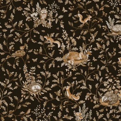 Fototapet cu design vintage ce reprezintă o pădure cu animale pe fundal negru