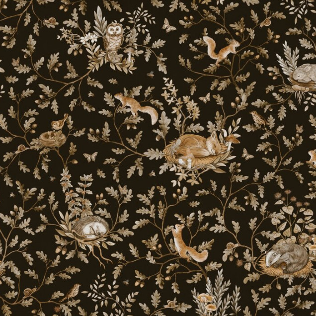 Fototapet cu design vintage ce reprezintă o pădure cu animale pe fundal negru