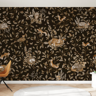 Fototapet cu design vintage ce reprezintă o pădure cu animale pe fundal negru