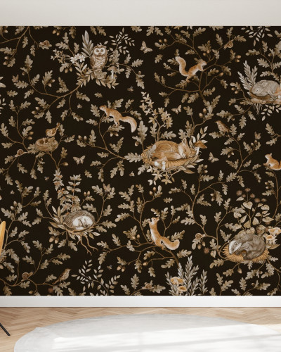Fototapet cu design vintage ce reprezintă o pădure cu animale pe fundal negru