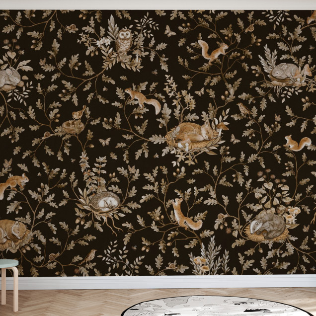 Fototapet cu design vintage ce reprezintă o pădure cu animale pe fundal negru