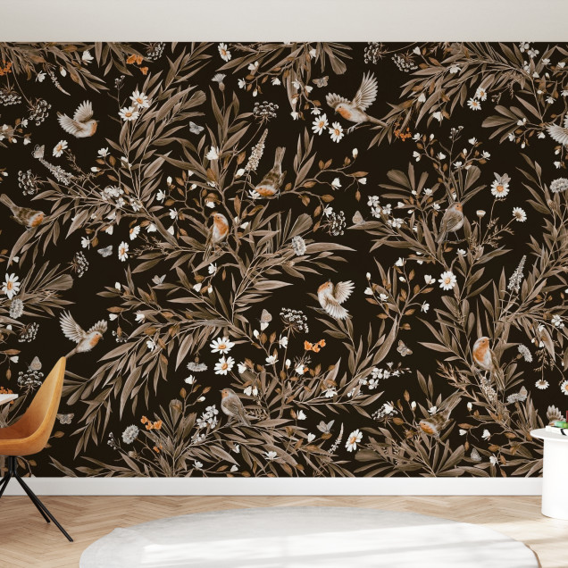 Fototapet vintage cu păsări și flori pe fundal negru
