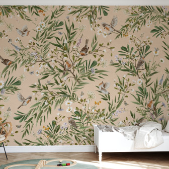 Fototapet cu vrăbii jucăușe și design floral pe fundal bej