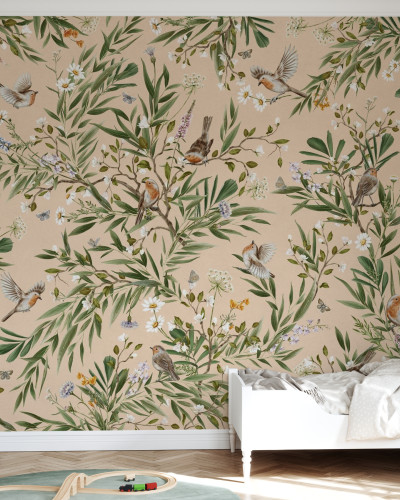 Fototapet cu vrăbii jucăușe și design floral pe fundal bej