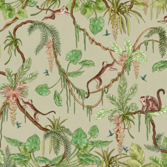 Fototapet cu maimuțe jucăușe într-un decor tropical verde, ideal pentru camera copiilor.