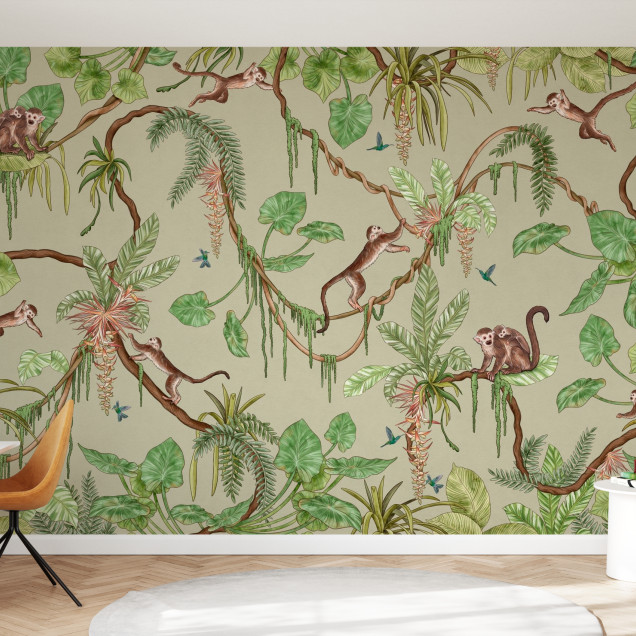 Fototapet cu maimuțe jucăușe într-un decor tropical verde, ideal pentru camera copiilor.