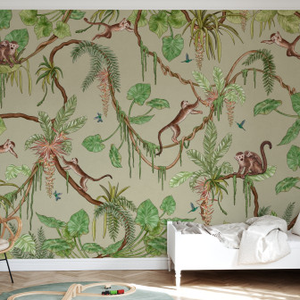 Fototapet cu maimuțe jucăușe într-un decor tropical verde, ideal pentru camera copiilor.