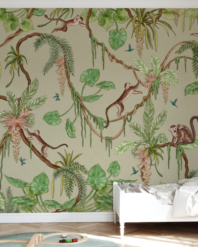 Fototapet cu maimuțe jucăușe într-un decor tropical verde, ideal pentru camera copiilor.