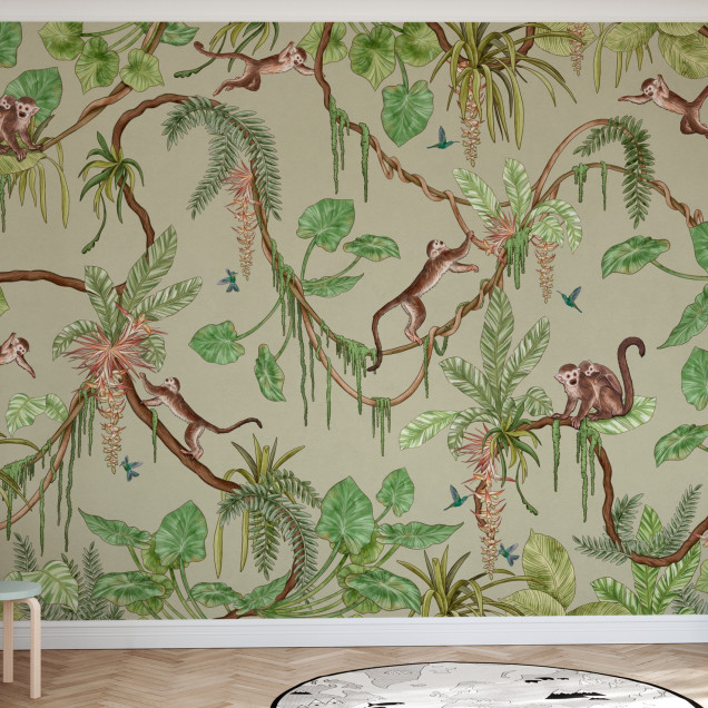 Fototapet cu maimuțe jucăușe într-un decor tropical verde, ideal pentru camera copiilor.