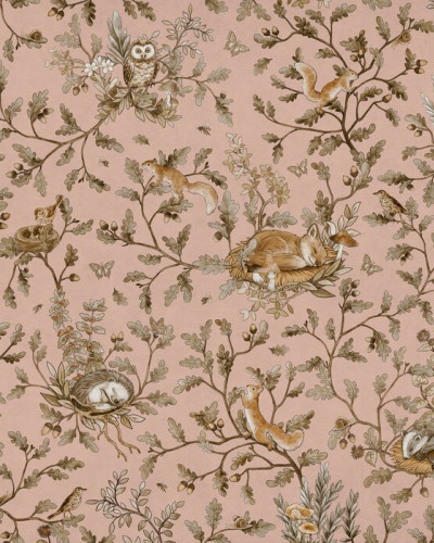 Fototapet cu animale din padure si design vintage roz