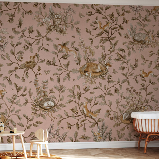 Fototapet cu animale din padure si design vintage roz