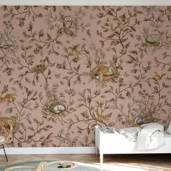 Fototapet cu animale din padure si design vintage roz