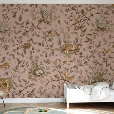 Fototapet cu animale din padure si design vintage roz