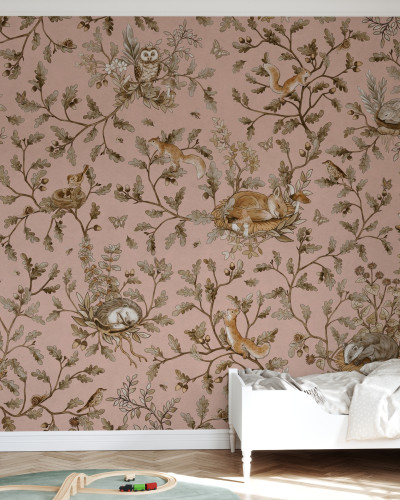 Fototapet cu animale din padure si design vintage roz