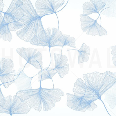 Fototapet floral albastru cu frunze de ginkgo într-un living modern