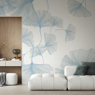 Fototapet floral albastru cu frunze de ginkgo într-un living modern