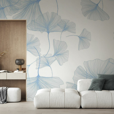Fototapet floral albastru cu frunze de ginkgo într-un living modern